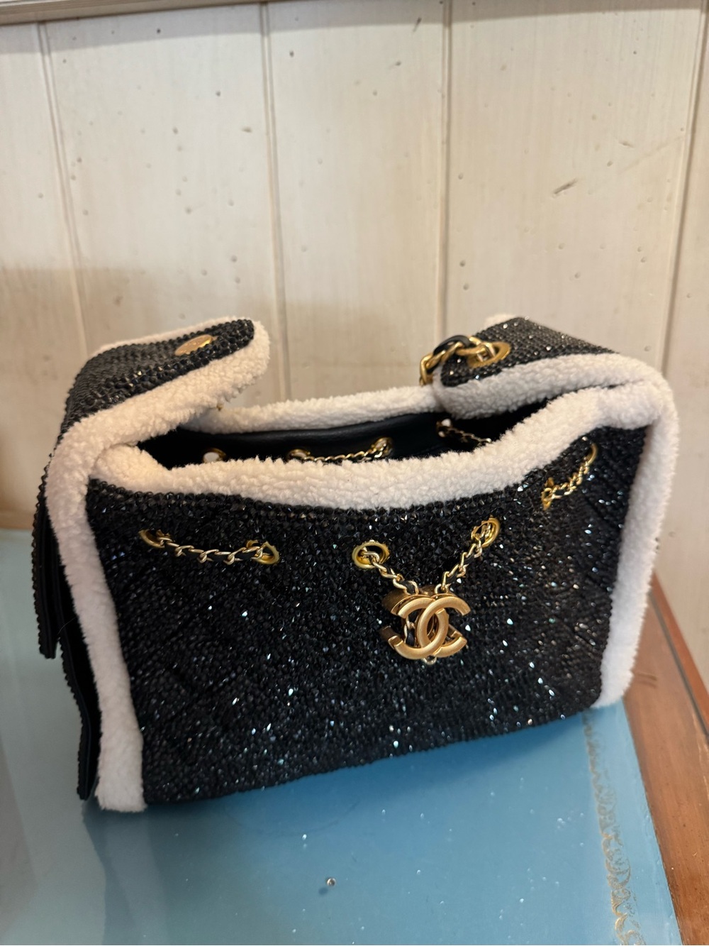Real Swarovski Black Sparkle Shoulder Bag with White Shearling Trim